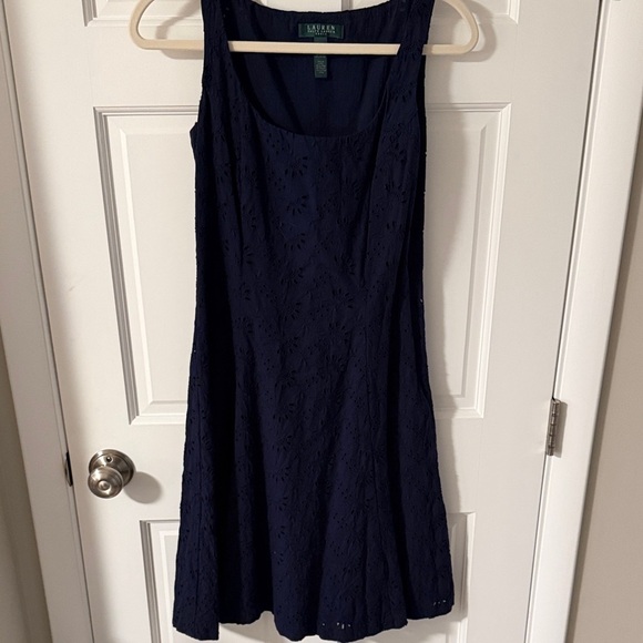Ralph Lauren Dresses & Skirts - Lauren Ralph Lauren Navy Eyelet Fit & Flare Sleeveless Dress Scoop Neck Size 2